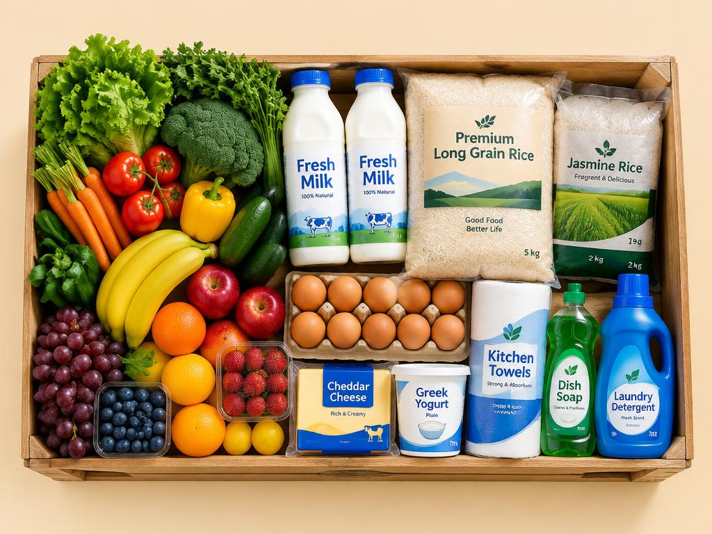 Fresh vegetables, fruits, dairy and household essentials